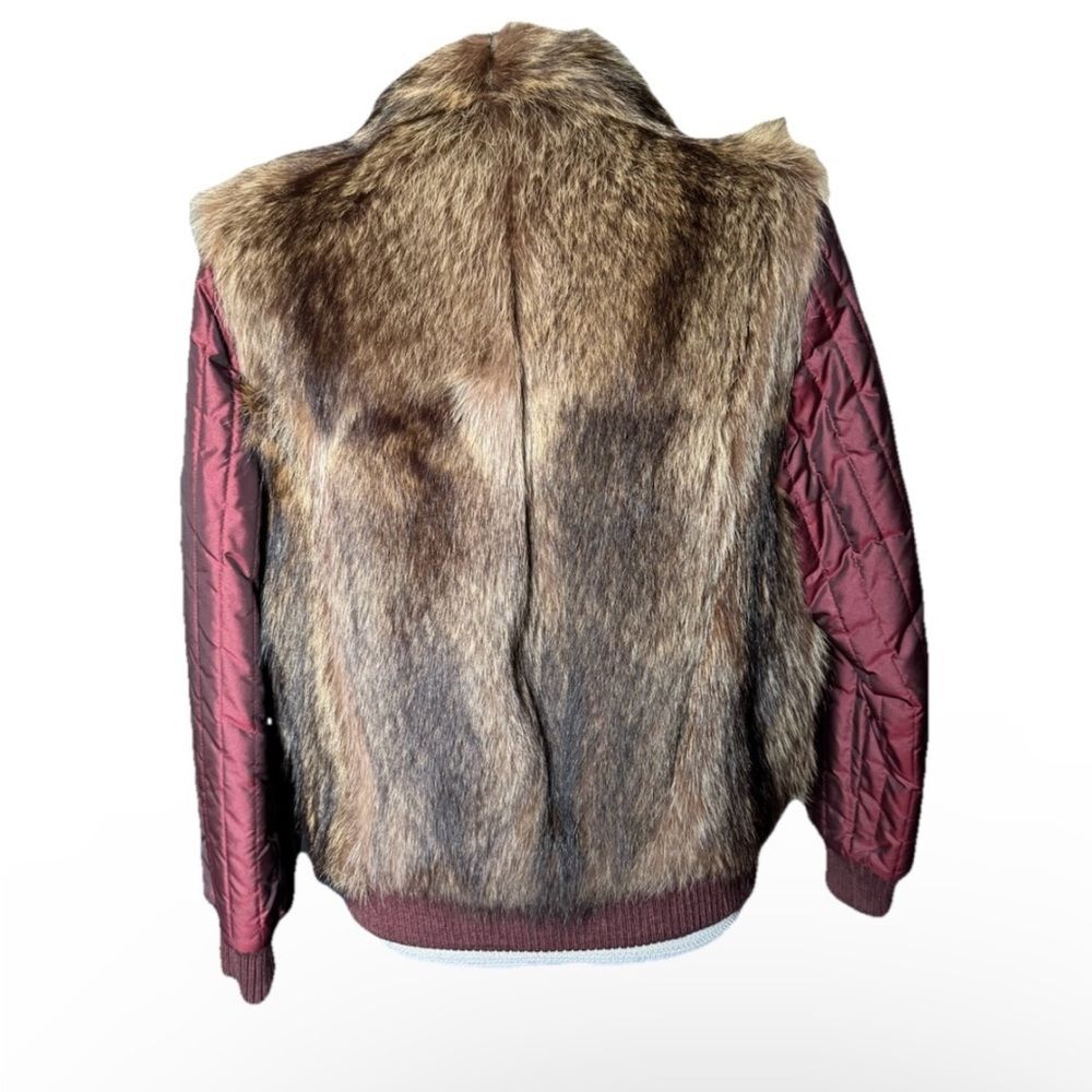 Vintage Raccoon Fur & Burgundy Quilted Bomber Jacket Detachable Sleeves Large - Picture 3 of 9